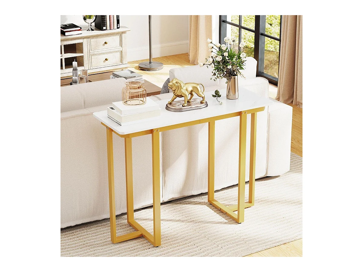 Tavolo console tavolo d'ingresso moderno in marmo finto con telaio geometrico in metallo, Tavolo stretto per soggiorno corridoio Bianco Oro 107 x 40 x 79,5 cm
