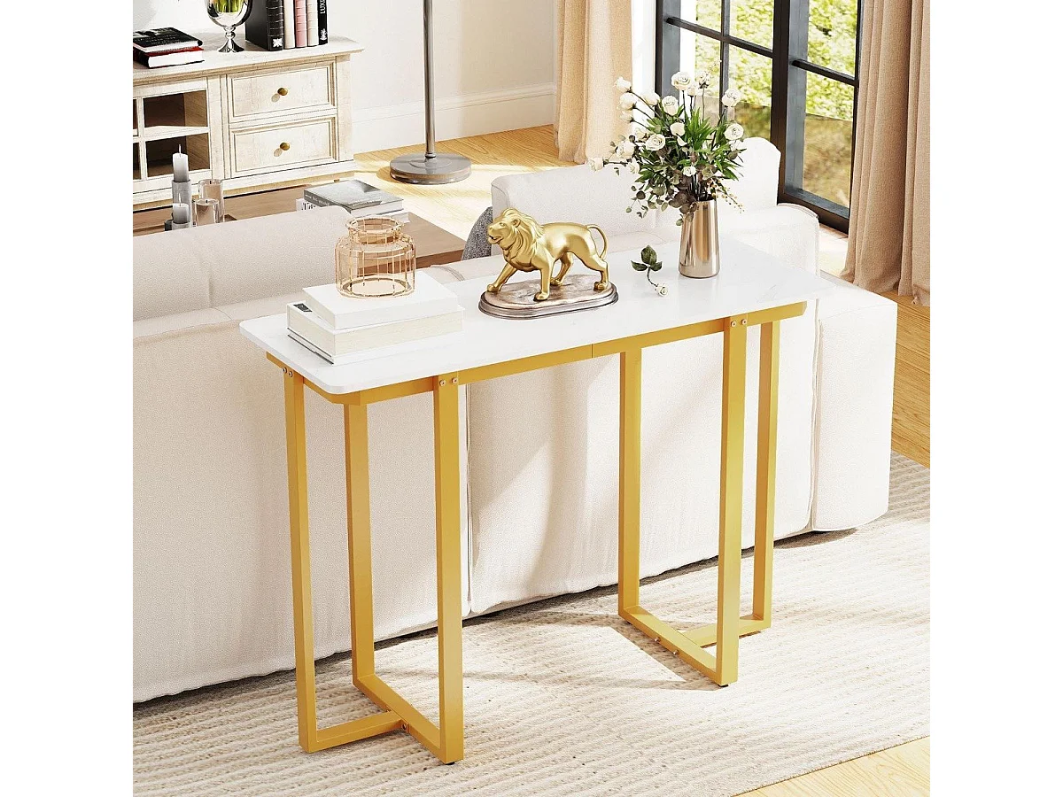 Tavolo console tavolo d'ingresso moderno in marmo finto con telaio geometrico in metallo, Tavolo stretto per soggiorno corridoio Bianco Oro 107 x 40 x 79,5 cm