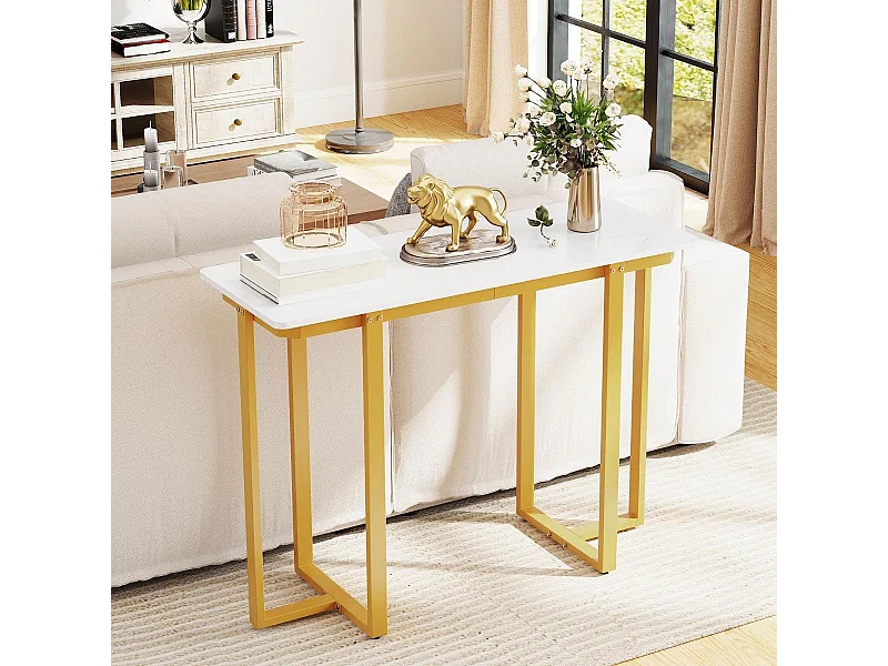 Tavolo console tavolo d'ingresso moderno in marmo finto con telaio geometrico in metallo, Tavolo stretto per soggiorno corridoio Bianco Oro 107 x 40 x 79,5 cm