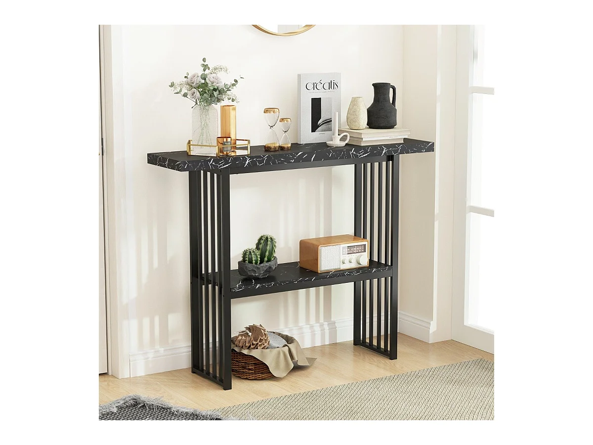 Table Console Effet Marbre 2 Niveaux 120 x 29,5 x 92,5 cm (L x l x H) Cadre en Métal  Style Scandinave Noir