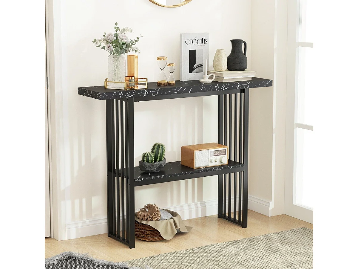 Tavolo consolle a 2 livelli da divano in finto marmo con struttura in acciaio, Tavolo moderno da ingresso Nero