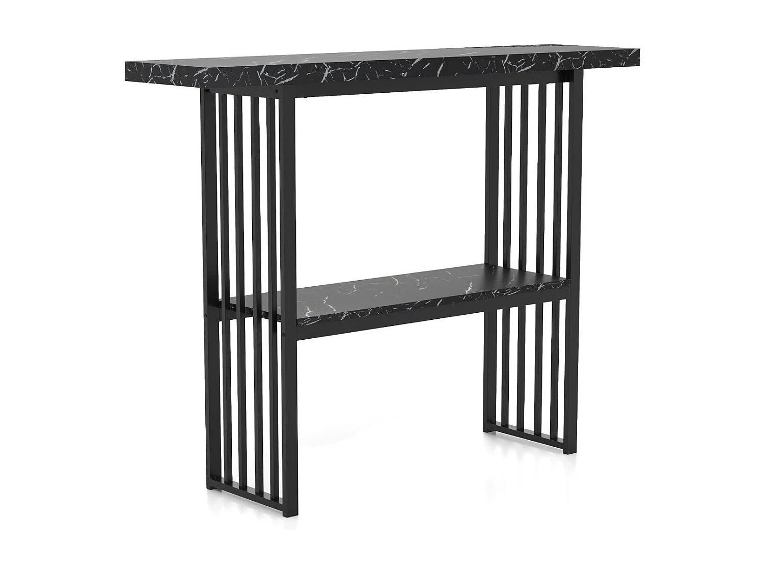 Tavolo consolle a 2 livelli da divano in finto marmo con struttura in acciaio, Tavolo moderno da ingresso Nero