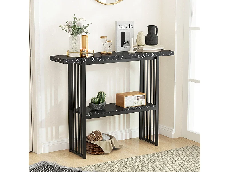 2 Ebenen Konsolentisch mit Marmoroptik Schmaler Beistelltisch Flurtisch mit Metallrahmen Schwarz