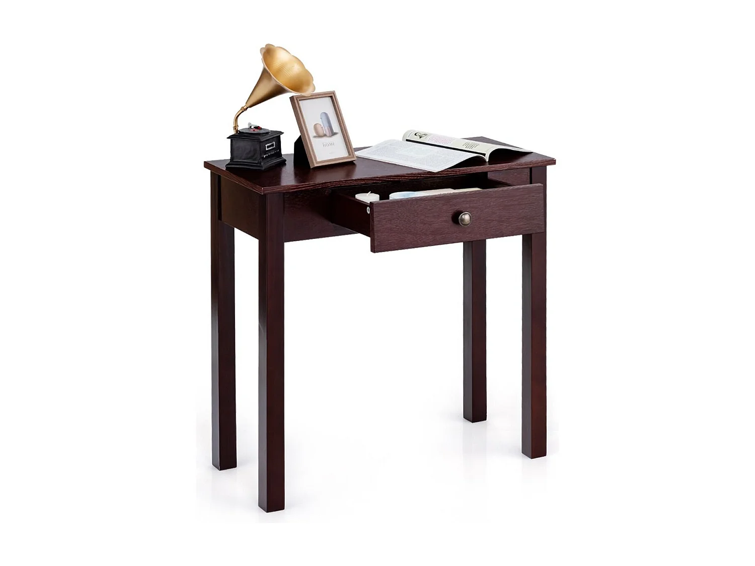 Tavolino consolle con cassetto gambe in legno massello, Scrivania da veranda per soggiorno bagno ingresso Marrone