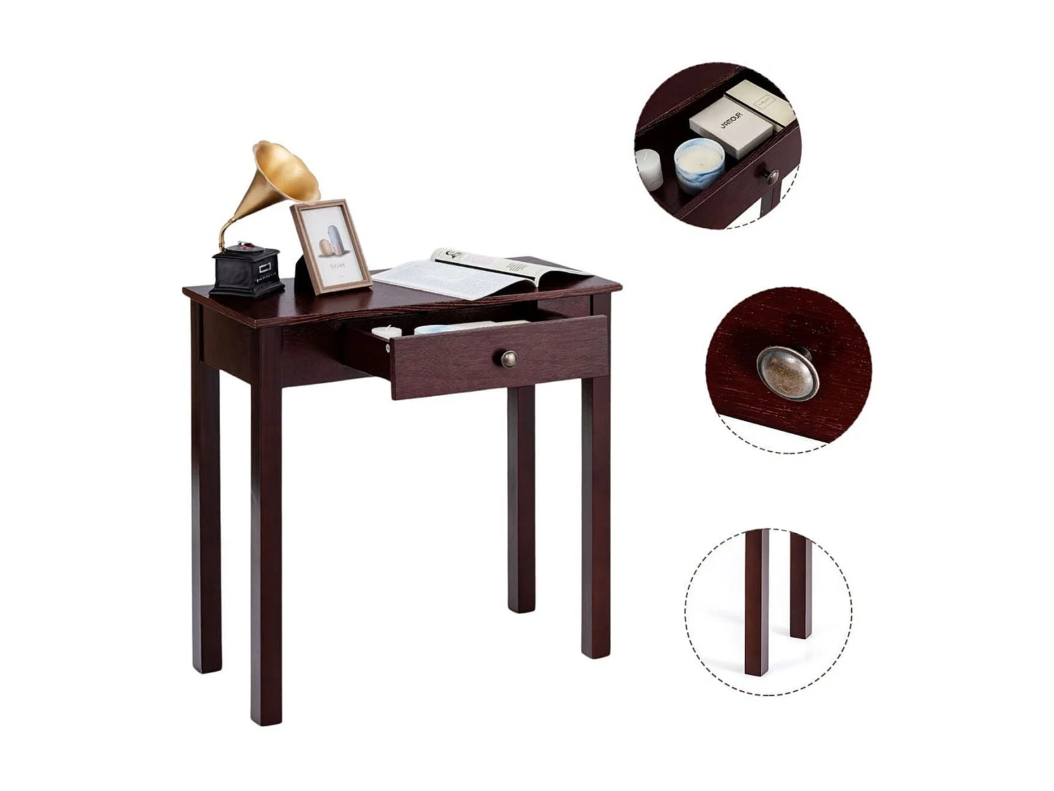 Tavolino consolle con cassetto gambe in legno massello, Scrivania da veranda per soggiorno bagno ingresso Marrone