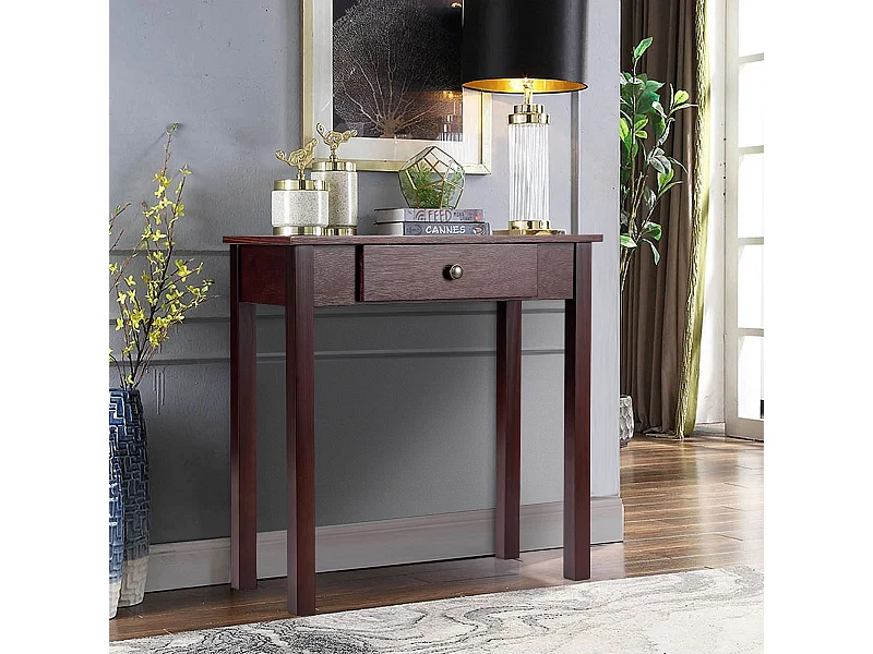 Tavolino consolle con cassetto gambe in legno massello, Scrivania da veranda per soggiorno bagno ingresso Marrone