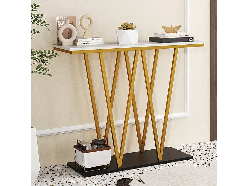 Tavolo console moderno da 100 cm con piano in marmo finto e struttura in metallo, Tavolo da ingresso Bianco + Oro