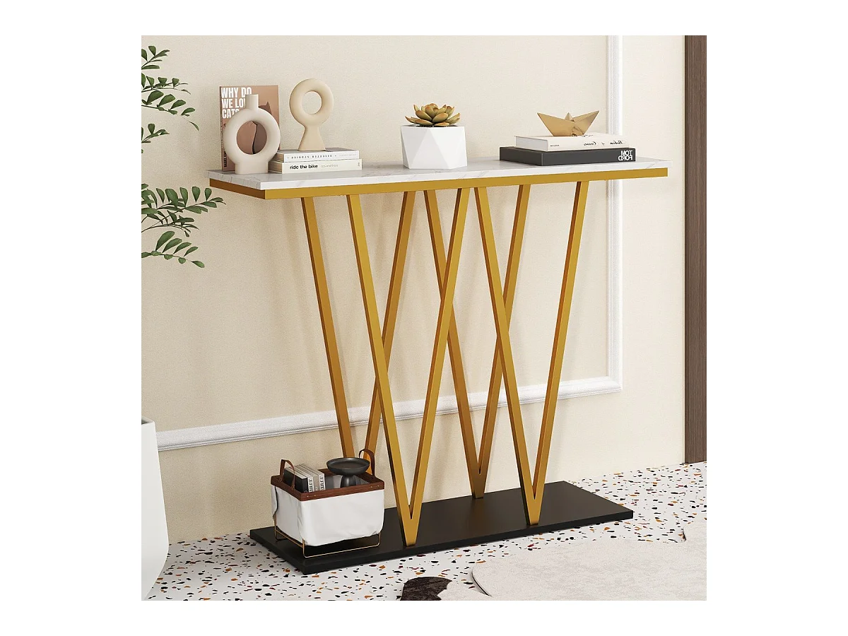 Tavolo console moderno da 100 cm con piano in marmo finto e struttura in metallo, Tavolo da ingresso Bianco + Oro