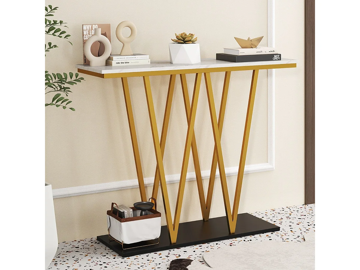 Tavolo console moderno da 100 cm con piano in marmo finto e struttura in metallo, Tavolo da ingresso Bianco + Oro