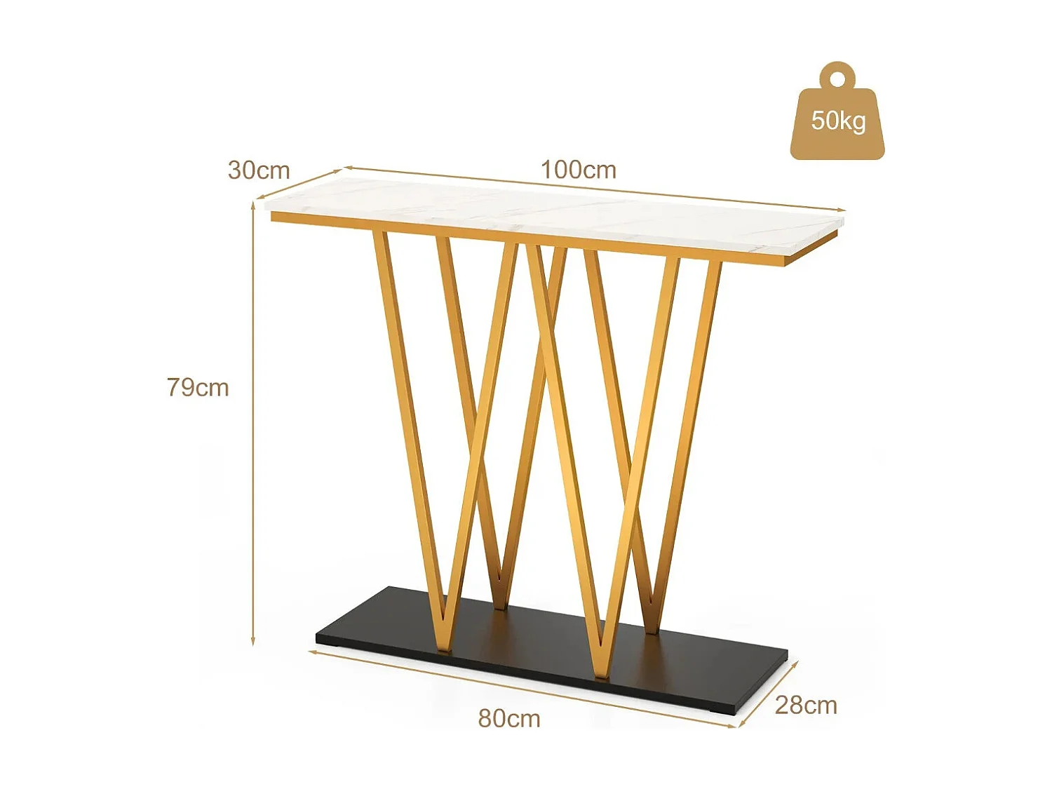 Tavolo console moderno da 100 cm con piano in marmo finto e struttura in metallo, Tavolo da ingresso Bianco + Oro
