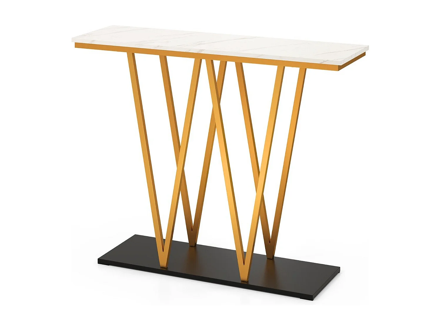 Tavolo console moderno da 100 cm con piano in marmo finto e struttura in metallo, Tavolo da ingresso Bianco + Oro