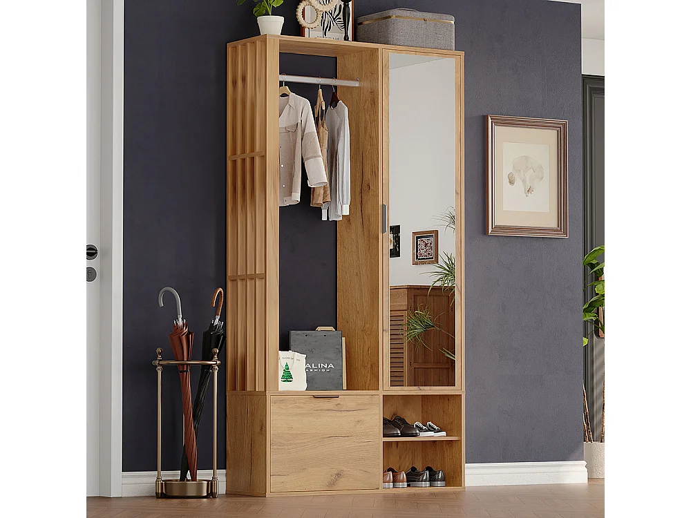Vestiaire 100x33x190 cm 6 en 1 vestibule suspendre manteaux étendoir linge armoire vêtements miroir porte inférieure bois