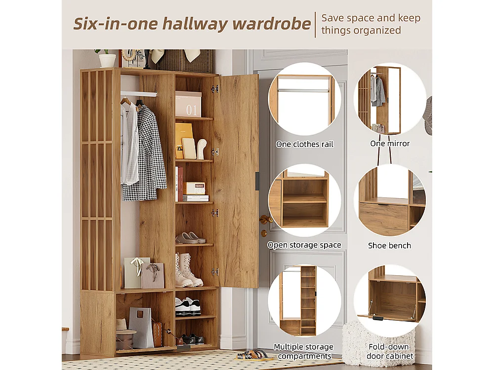 Vestiaire 100x33x190 cm 6 en 1 vestibule suspendre manteaux étendoir linge armoire vêtements miroir porte inférieure bois