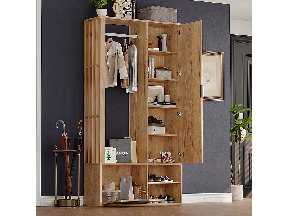 Vestiaire 100x33x190 cm 6 en 1 vestibule suspendre manteaux étendoir linge armoire vêtements miroir porte inférieure bois