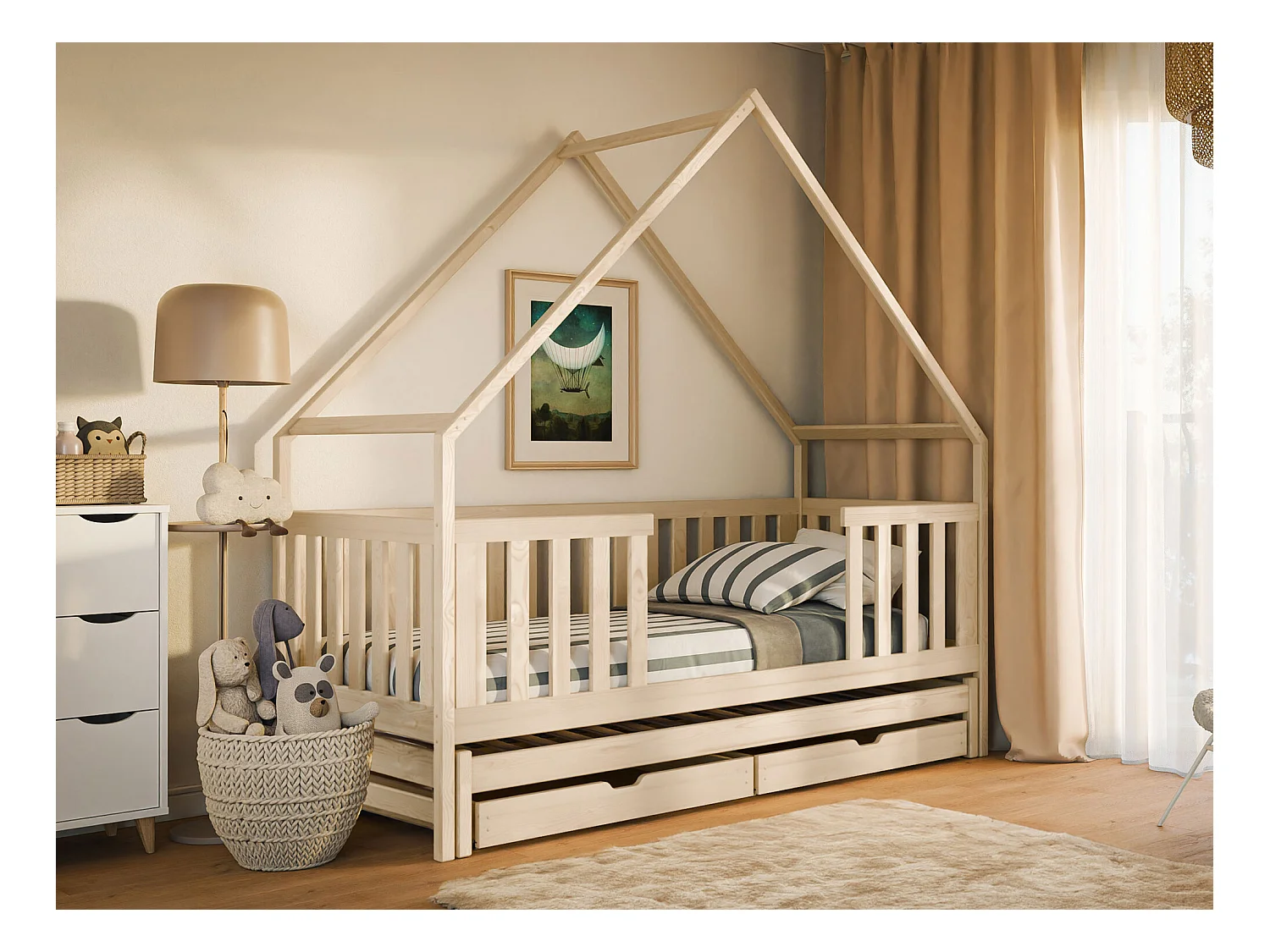 Lit Vista 115, Simple avec un lit gigogne supplémentaire, Brun clair, 90x200|90x190, Bois