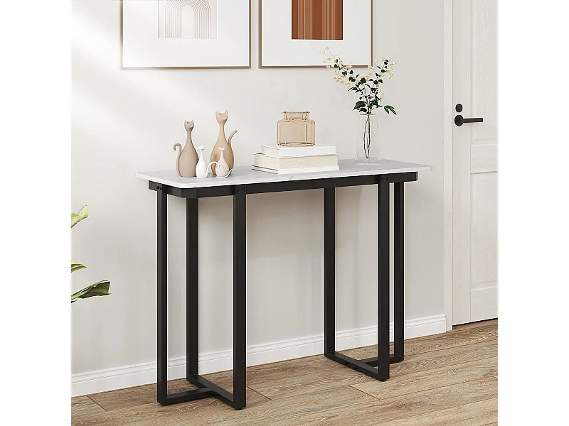 Tavolo console tavolo d'ingresso moderno in marmo finto con telaio geometrico in metallo, Tavolo stretto per soggiorno corridoio Bianco Nero 107 x 40 x 79,5 cm