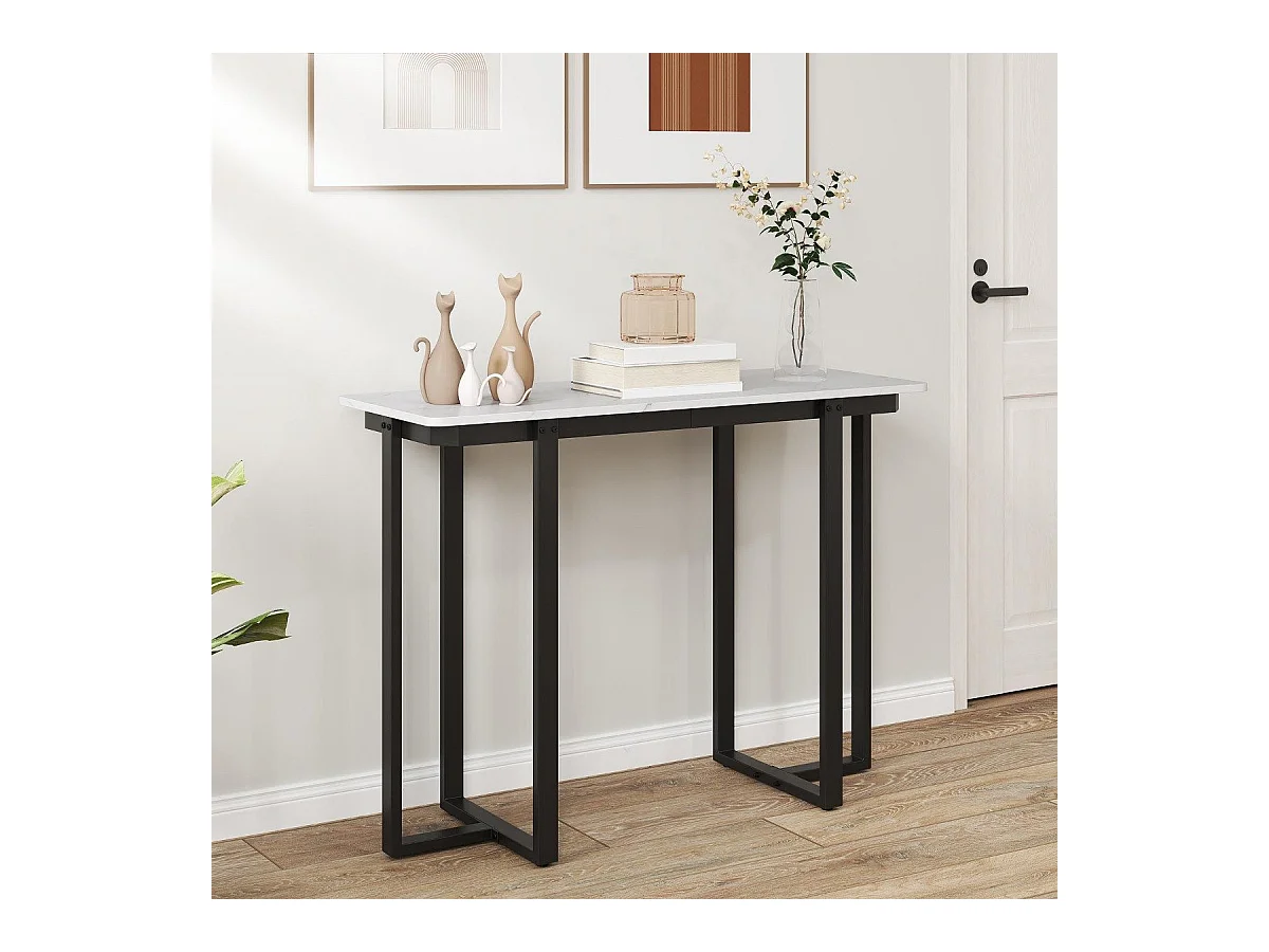 Tavolo console tavolo d'ingresso moderno in marmo finto con telaio geometrico in metallo, Tavolo stretto per soggiorno corridoio Bianco Nero 107 x 40 x 79,5 cm