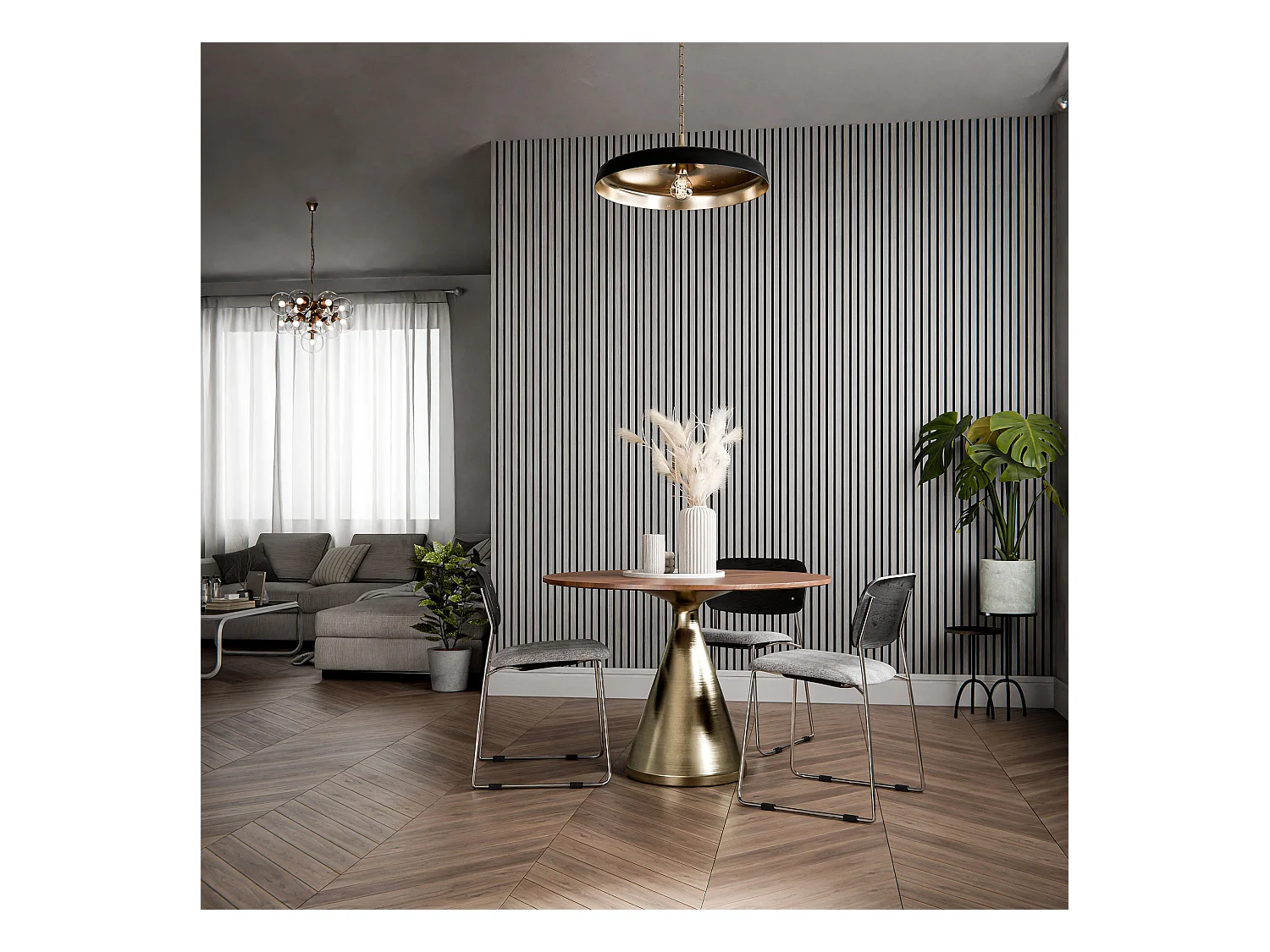 Lot de 2 Panneaux Tasseaux Bois - Chêne Gris Feutre Noir - 3 m², 2500 x 600 mm, Mon Marché Déco