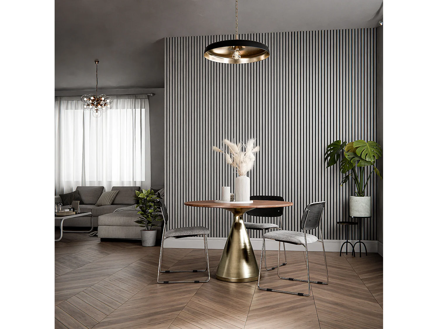 Lot de 2 Panneaux Tasseaux Bois - Chêne Gris Feutre Noir - 3 m², 2500 x 600 mm, Mon Marché Déco