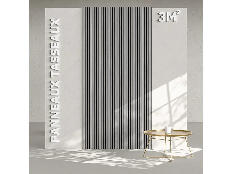 Lot de 2 Panneaux Tasseaux Bois - Chêne Gris Feutre Noir - 3 m², 2500 x 600 mm, Mon Marché Déco