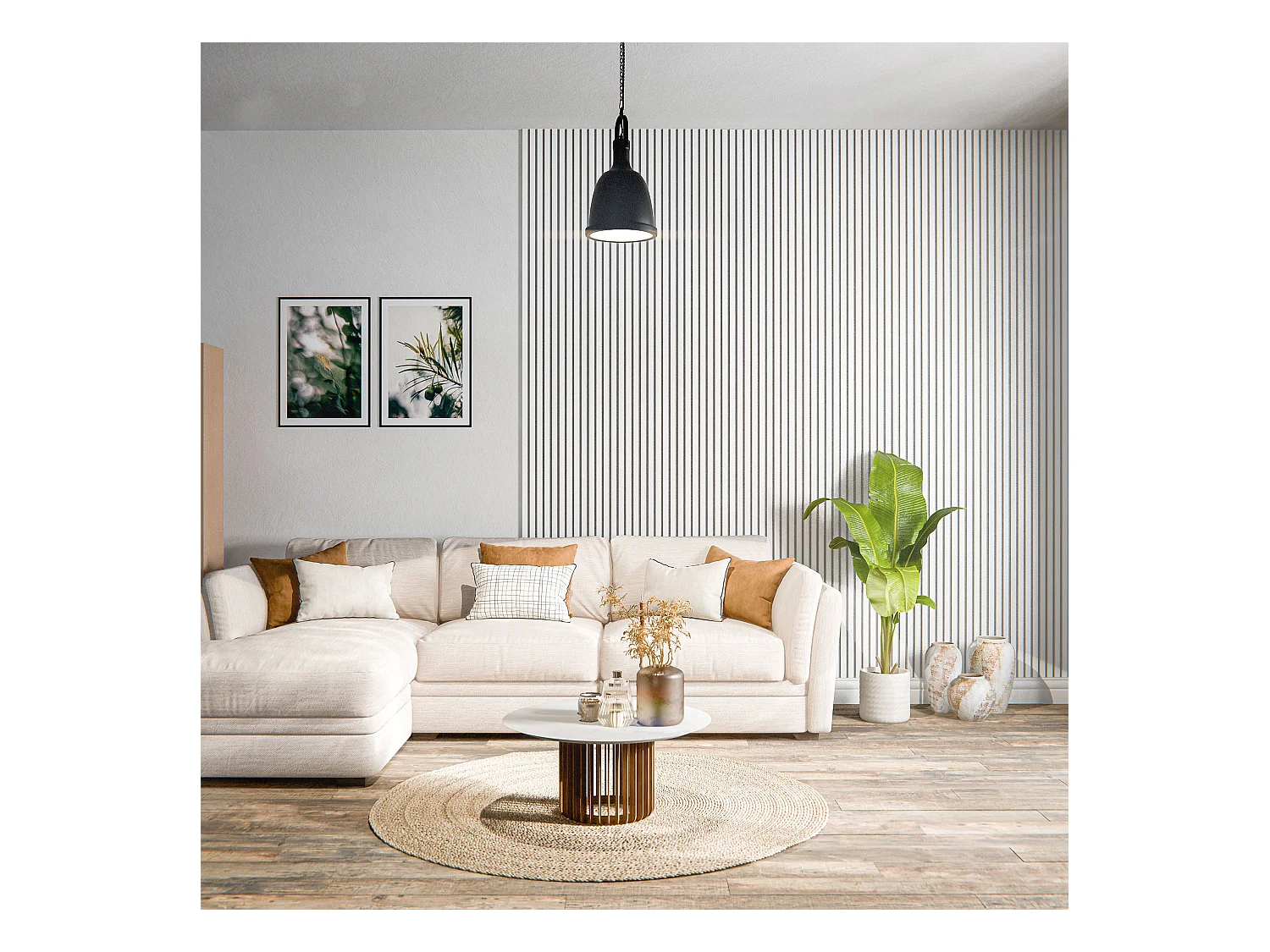 Lot de 2 Panneaux Tasseaux Bois - Blanc Feutre Blanc - 2,88 m², 2400 x 600 mm, Mon Marché Déco