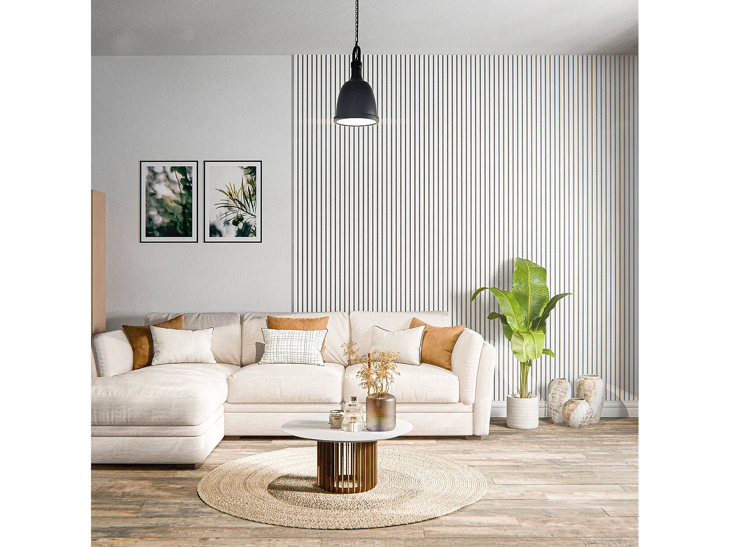 Lot de 2 Panneaux Tasseaux Bois - Blanc Feutre Blanc - 2,88 m², 2400 x 600 mm, Mon Marché Déco