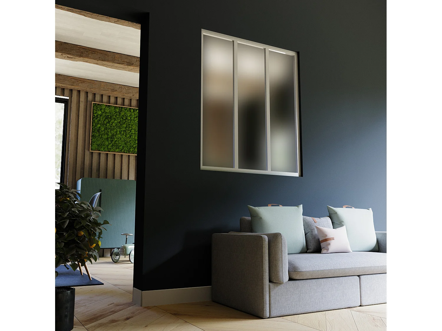 Verrière 3 Carreaux - En Kit - Blanc - Verre Dépoli