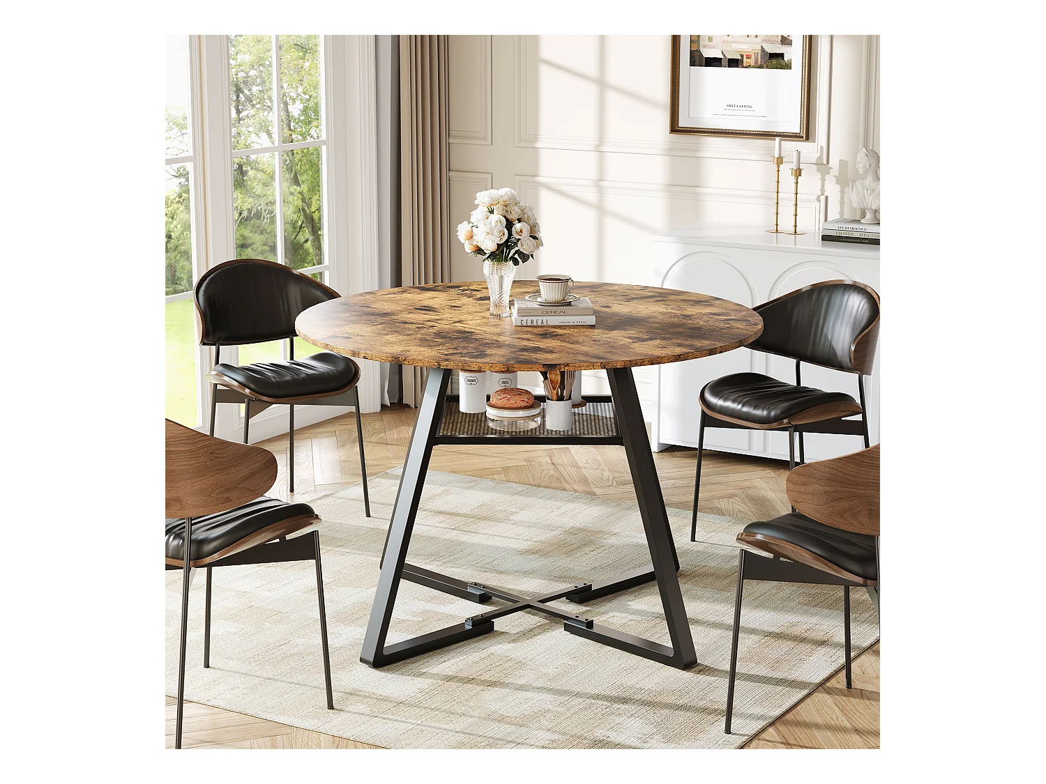 Table à Manger Ronde Industrielle 120cm avec Étagère de Rangement, Style Vintage pour Cuisine et Salle à Manger, 4 à 6 Personnes