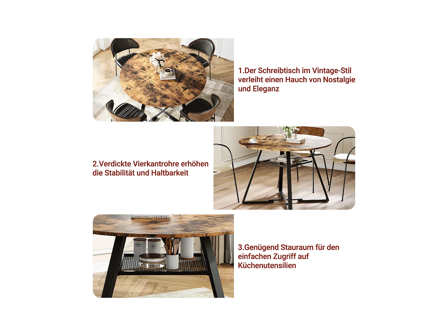 Table à Manger Ronde Industrielle 120cm avec Étagère de Rangement, Style Vintage pour Cuisine et Salle à Manger, 4 à 6 Personnes