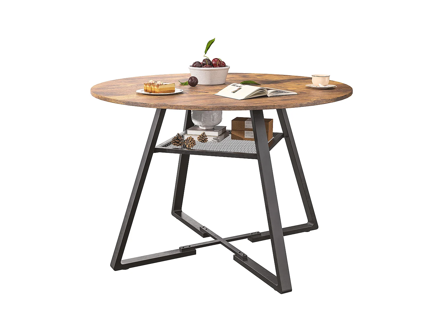 Table à Manger Ronde Industrielle 120cm avec Étagère de Rangement, Style Vintage pour Cuisine et Salle à Manger, 4 à 6 Personnes