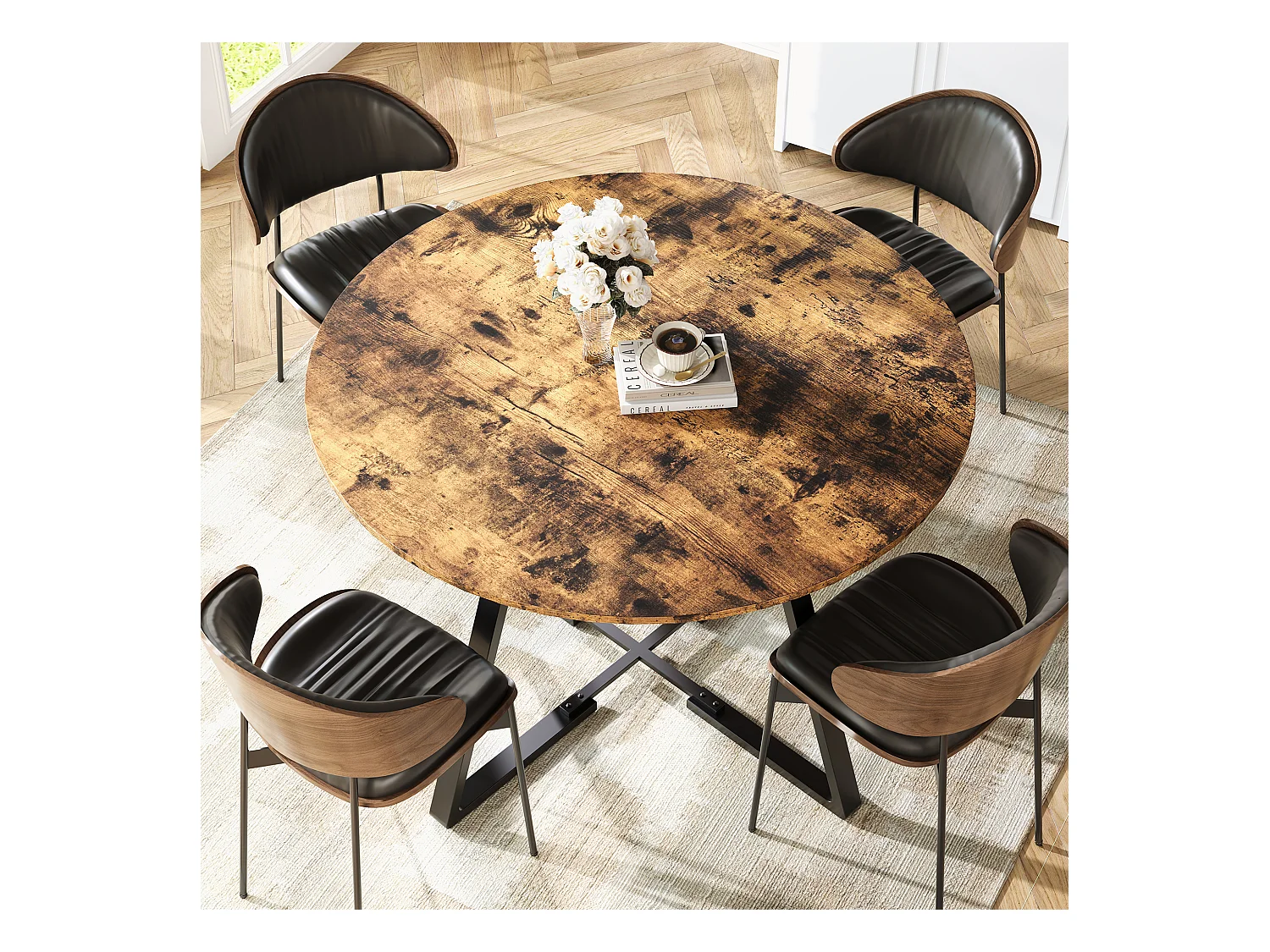 Table à Manger Ronde Industrielle 120cm avec Étagère de Rangement, Style Vintage pour Cuisine et Salle à Manger, 4 à 6 Personnes