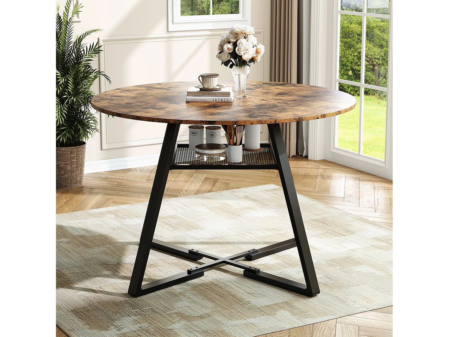 Table à Manger Ronde Industrielle 120cm avec Étagère de Rangement, Style Vintage pour Cuisine et Salle à Manger, 4 à 6 Personnes