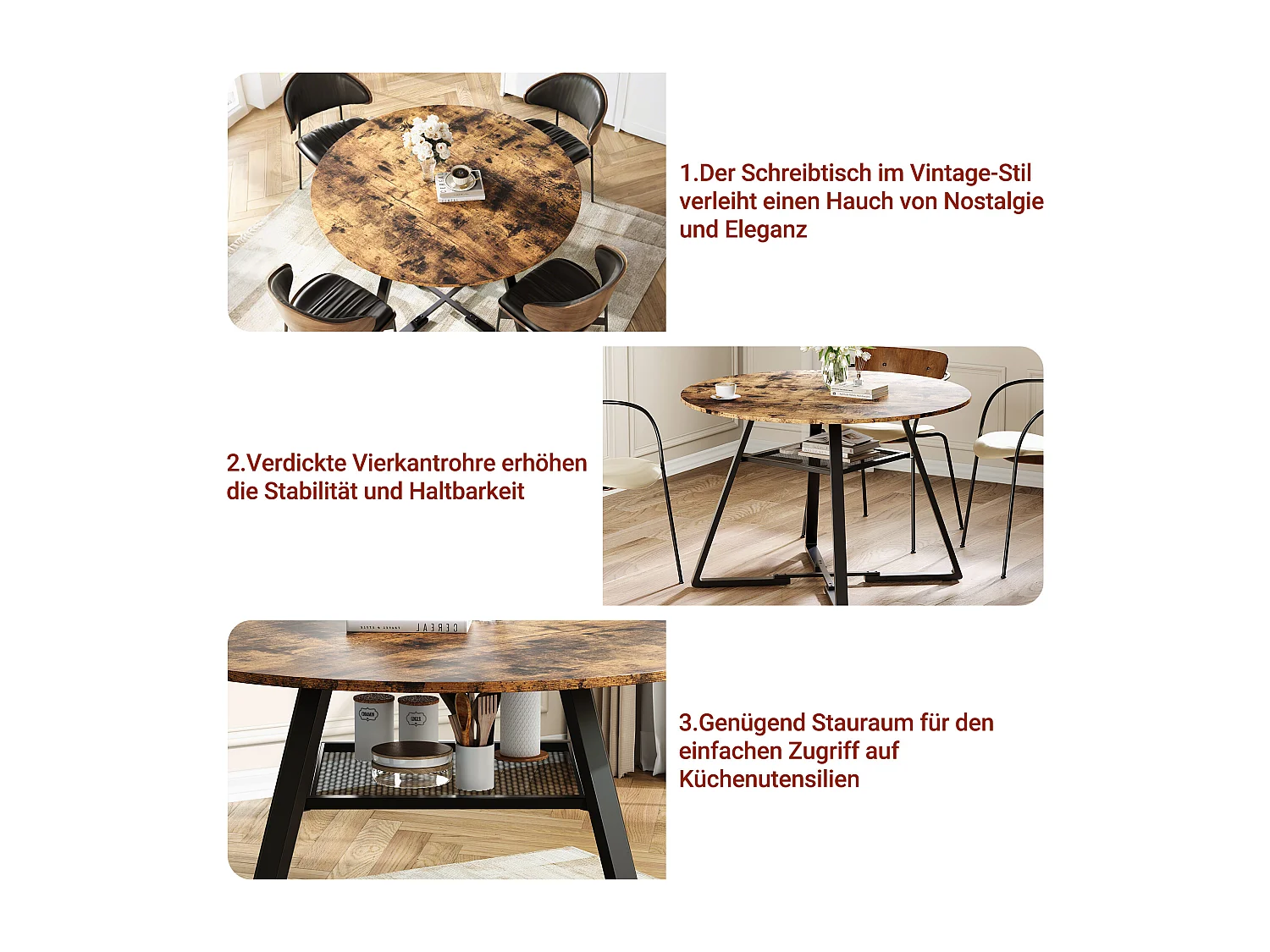 Table à Manger Ronde Industrielle 120cm avec Étagère de Rangement, Style Vintage pour Cuisine et Salle à Manger, 4 à 6 Personnes