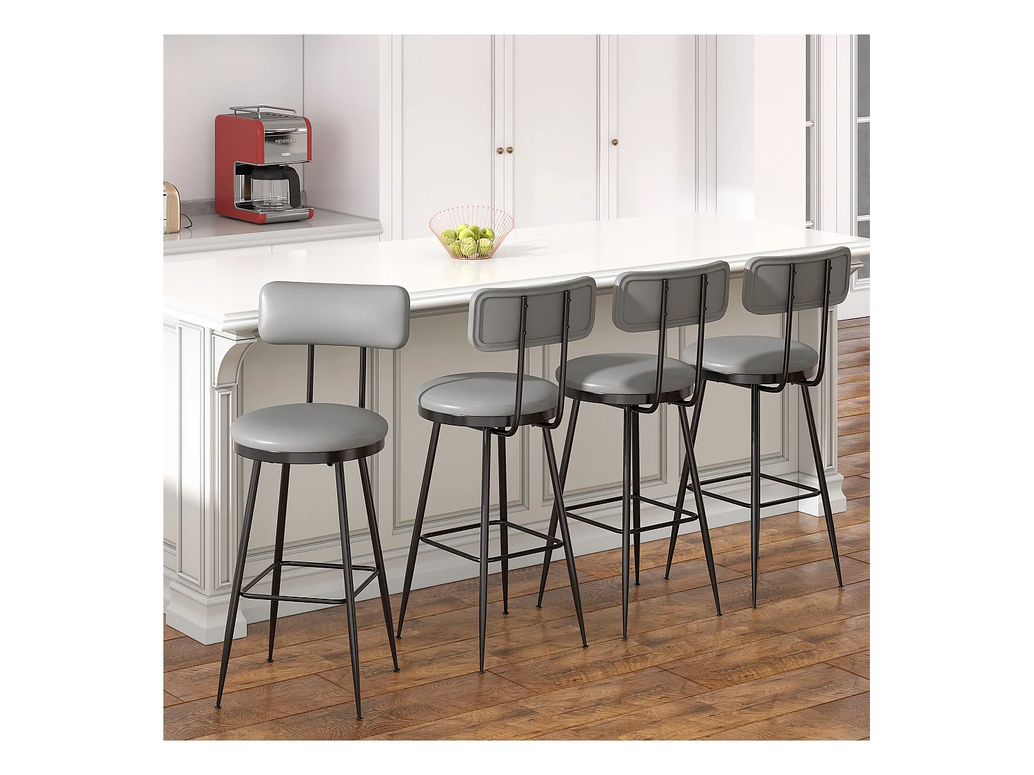 4 Chaises de Bar Grises avec Dossier, Style Industriel, 65cm Hauteur d'Assise