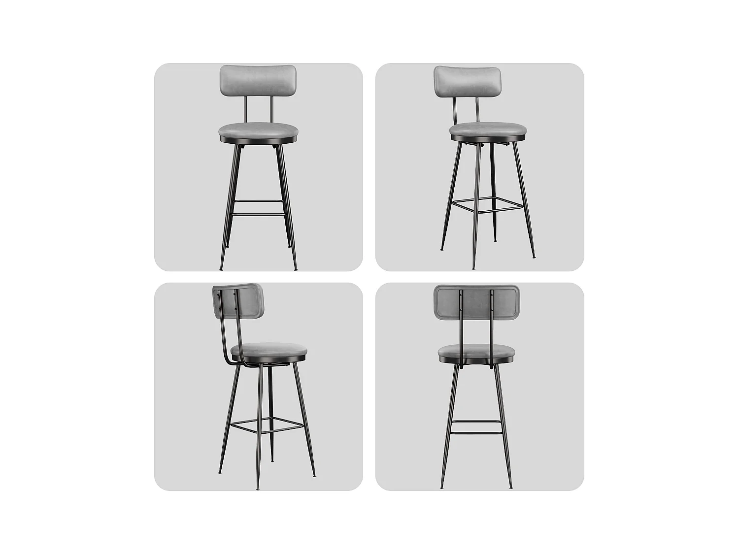4 Chaises de Bar Grises avec Dossier, Style Industriel, 65cm Hauteur d'Assise