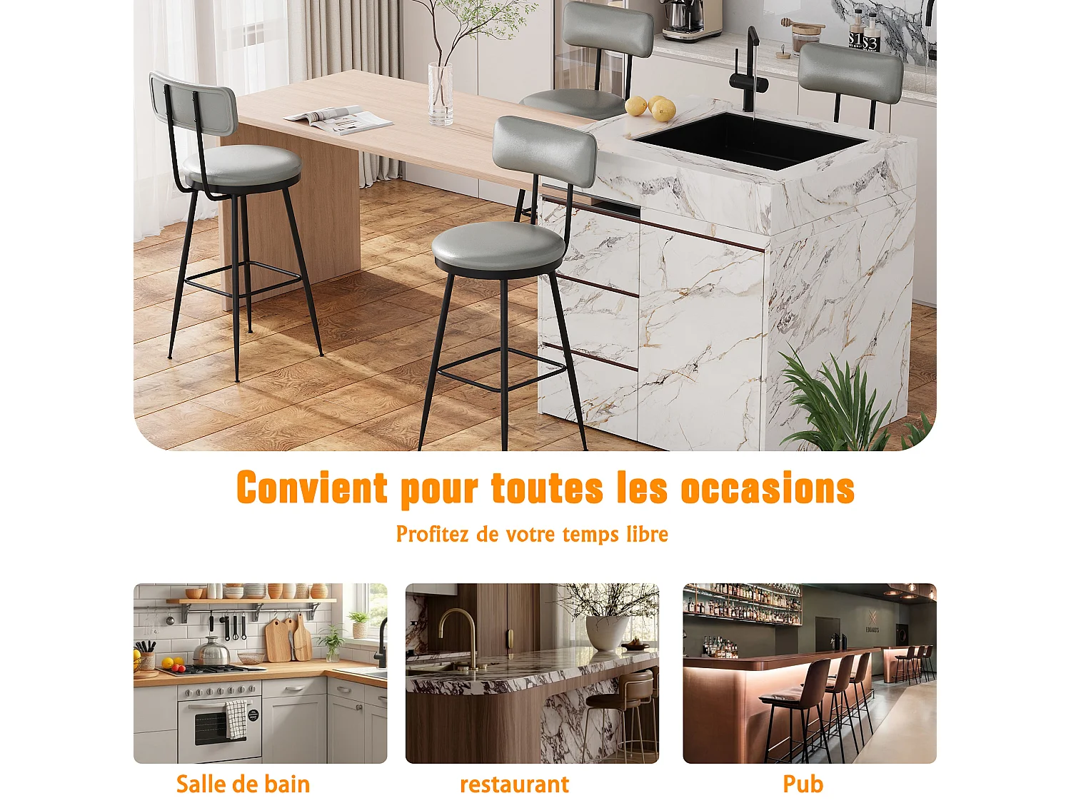 4 Chaises de Bar Grises avec Dossier, Style Industriel, 65cm Hauteur d'Assise