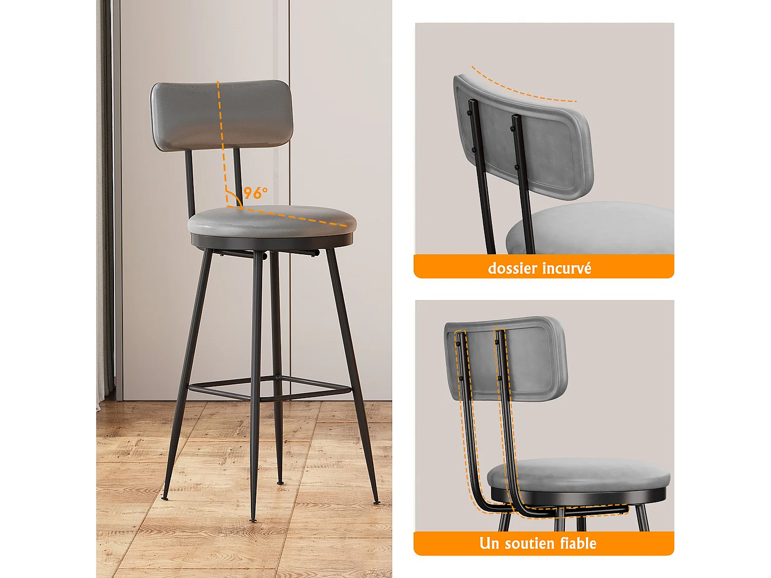 4 Chaises de Bar Grises avec Dossier, Style Industriel, 65cm Hauteur d'Assise