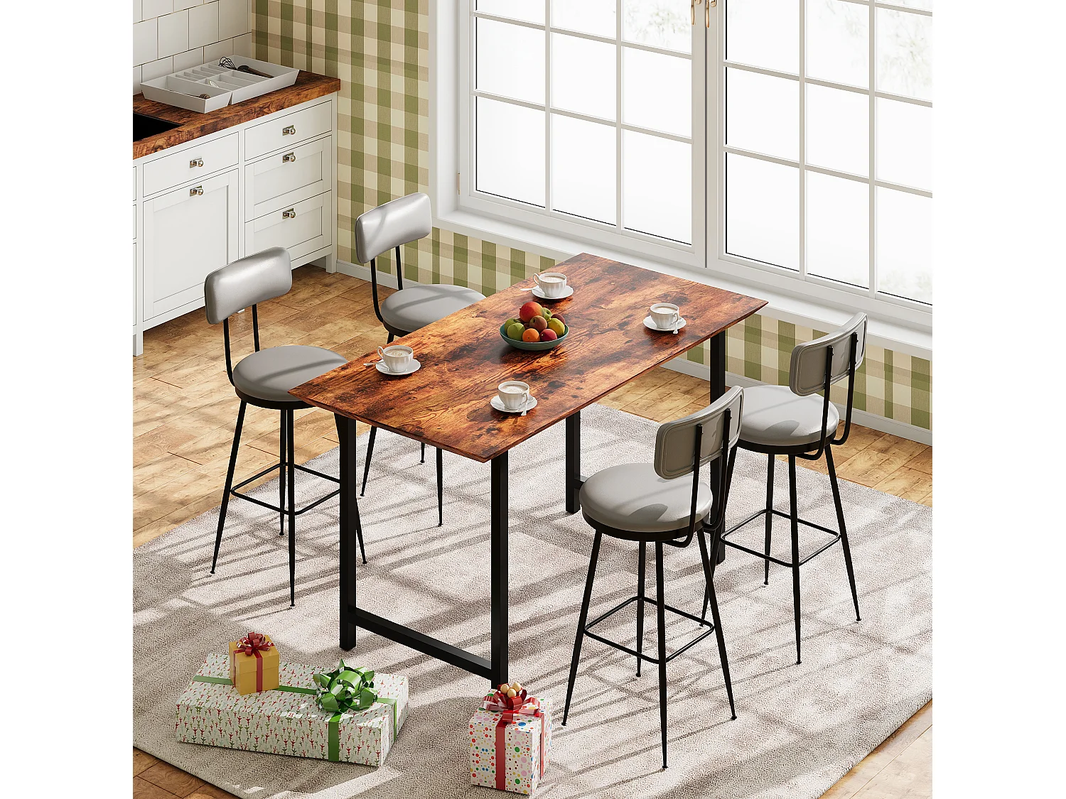 4 Chaises de Bar Grises avec Dossier, Style Industriel, 65cm Hauteur d'Assise