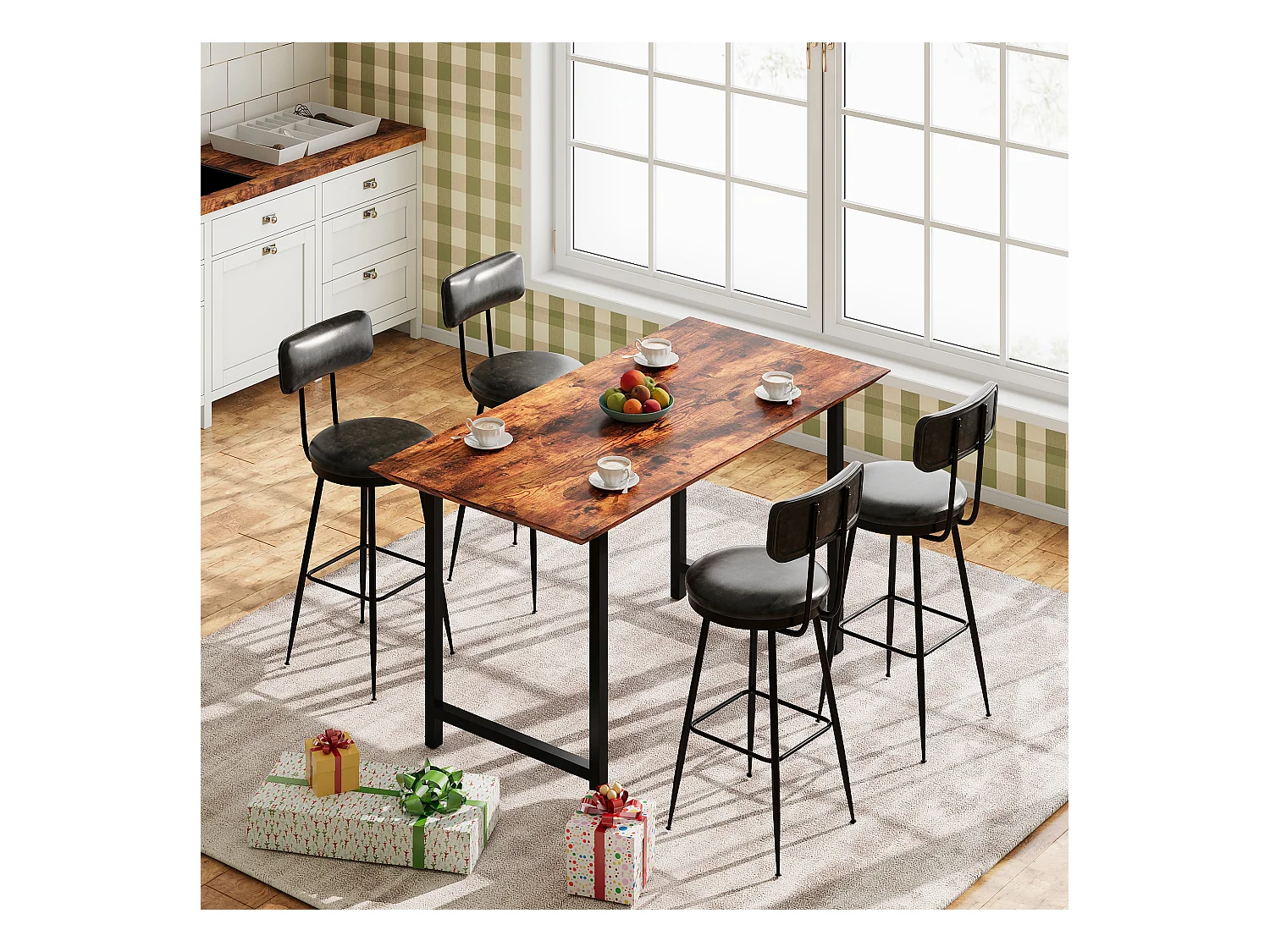 4 Chaises de Comptoir Noires avec Dossier, Simili Cuir, 65cm Hauteur d'Assise