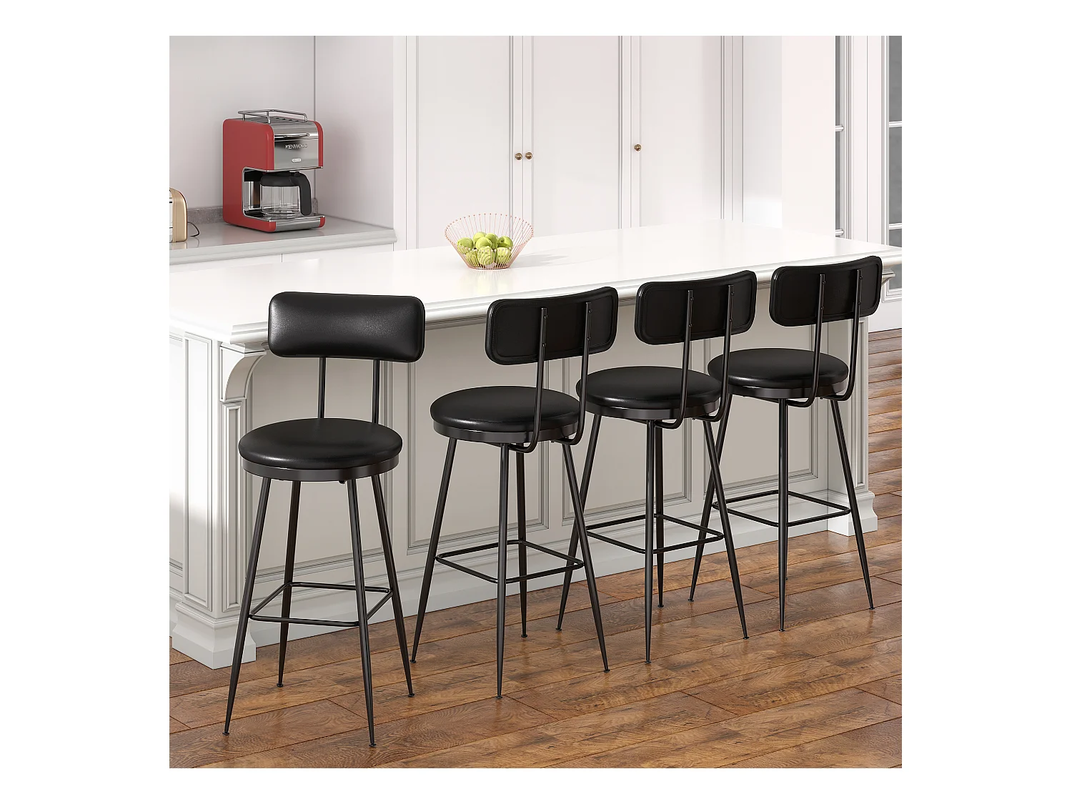 4 Chaises de Comptoir Noires avec Dossier, Simili Cuir, 65cm Hauteur d'Assise