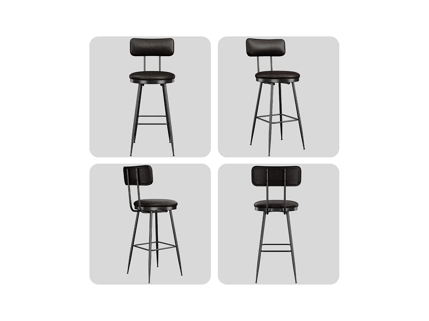 4 Chaises de Comptoir Noires avec Dossier, Simili Cuir, 65cm Hauteur d'Assise