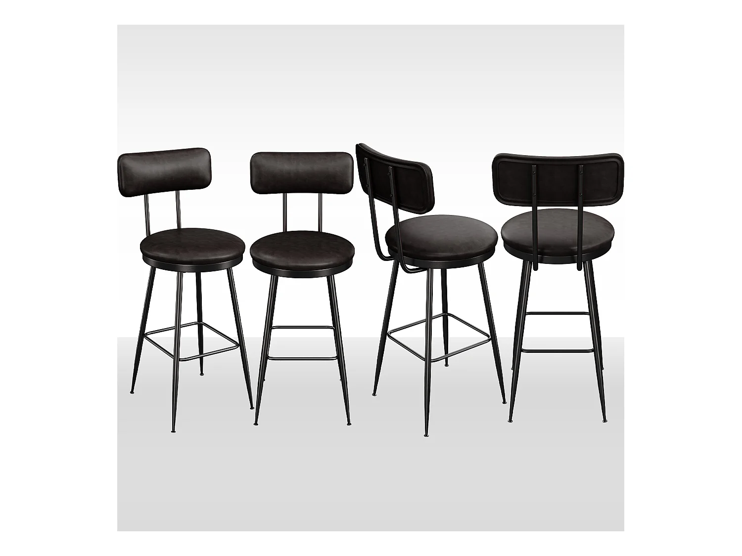 4 Chaises de Comptoir Noires avec Dossier, Simili Cuir, 65cm Hauteur d'Assise