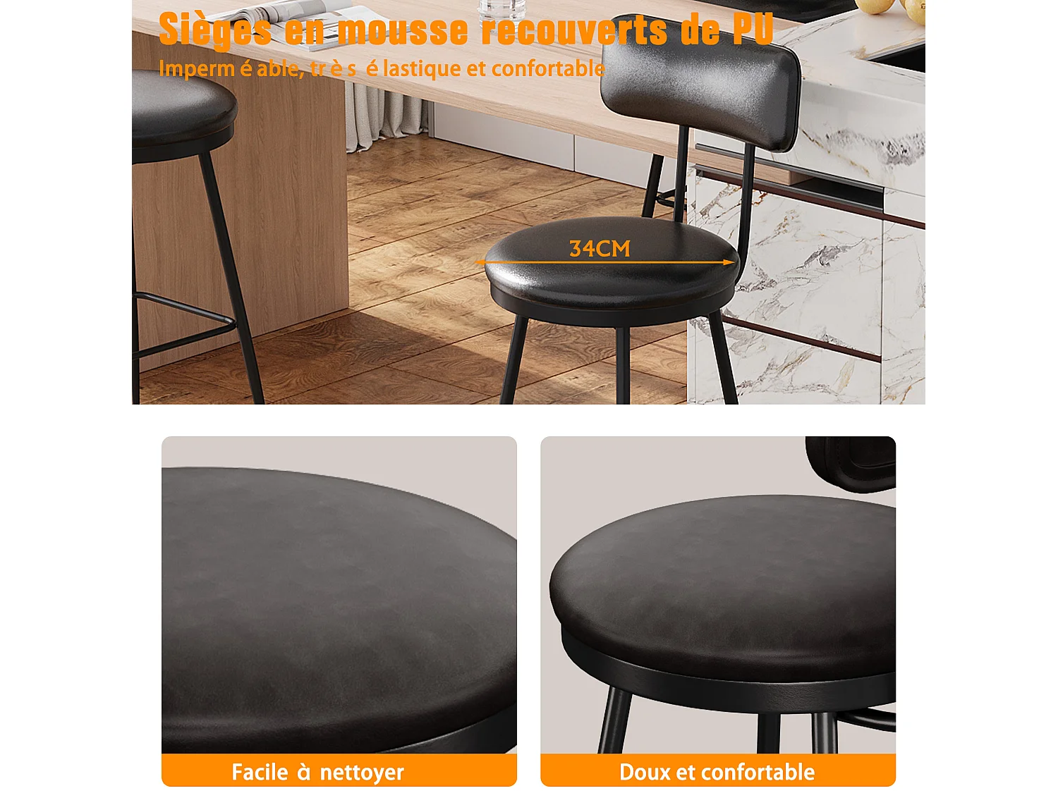 4 Chaises de Comptoir Noires avec Dossier, Simili Cuir, 65cm Hauteur d'Assise