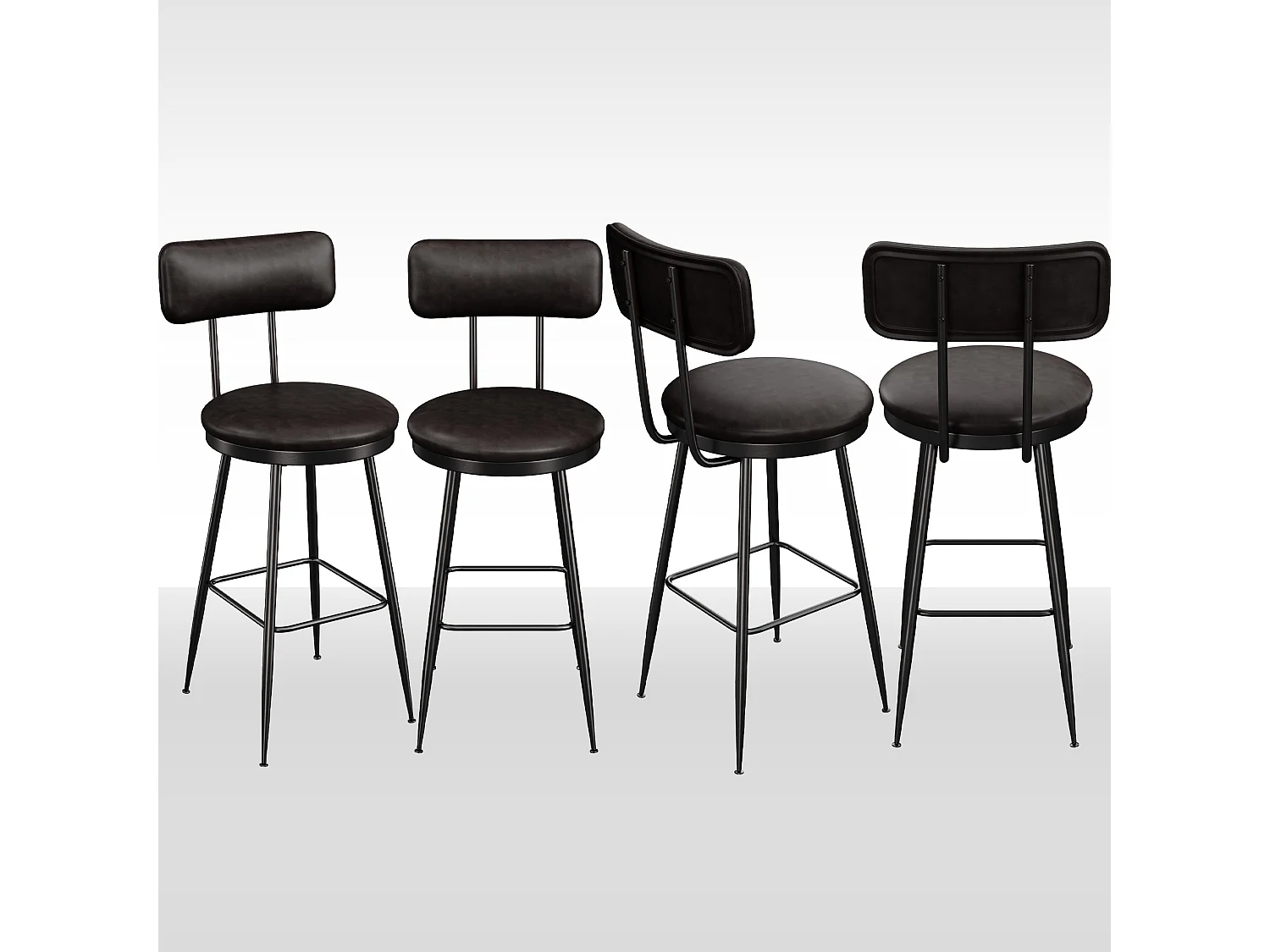 4 Chaises de Comptoir Noires avec Dossier, Simili Cuir, 65cm Hauteur d'Assise