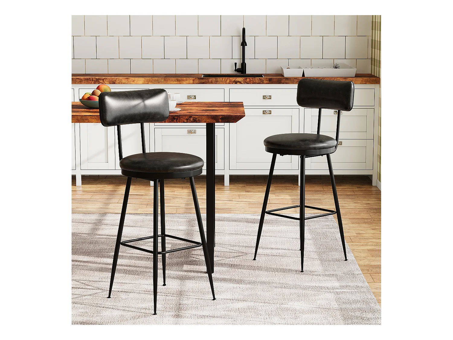 2 Chaises de Comptoir Noires avec Dossier, Simili Cuir, 65cm Hauteur d'Assise, pour Cuisine