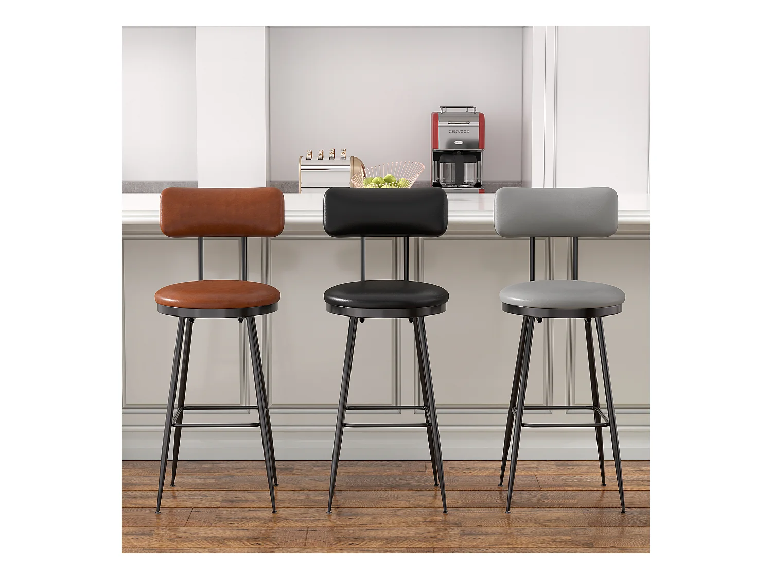 2 Chaises de Comptoir Noires avec Dossier, Simili Cuir, 65cm Hauteur d'Assise, pour Cuisine