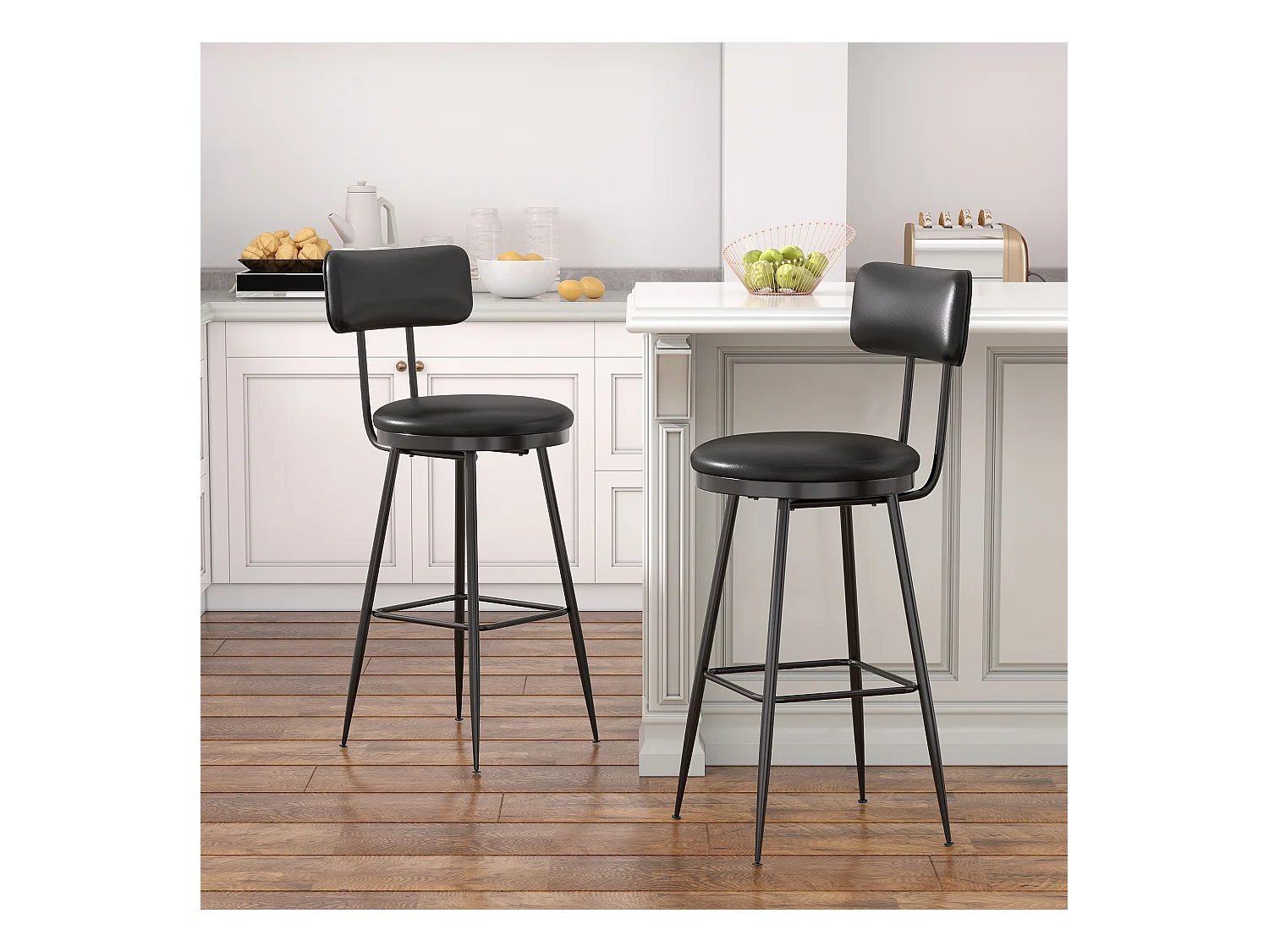 2 Chaises de Comptoir Noires avec Dossier, Simili Cuir, 65cm Hauteur d'Assise, pour Cuisine