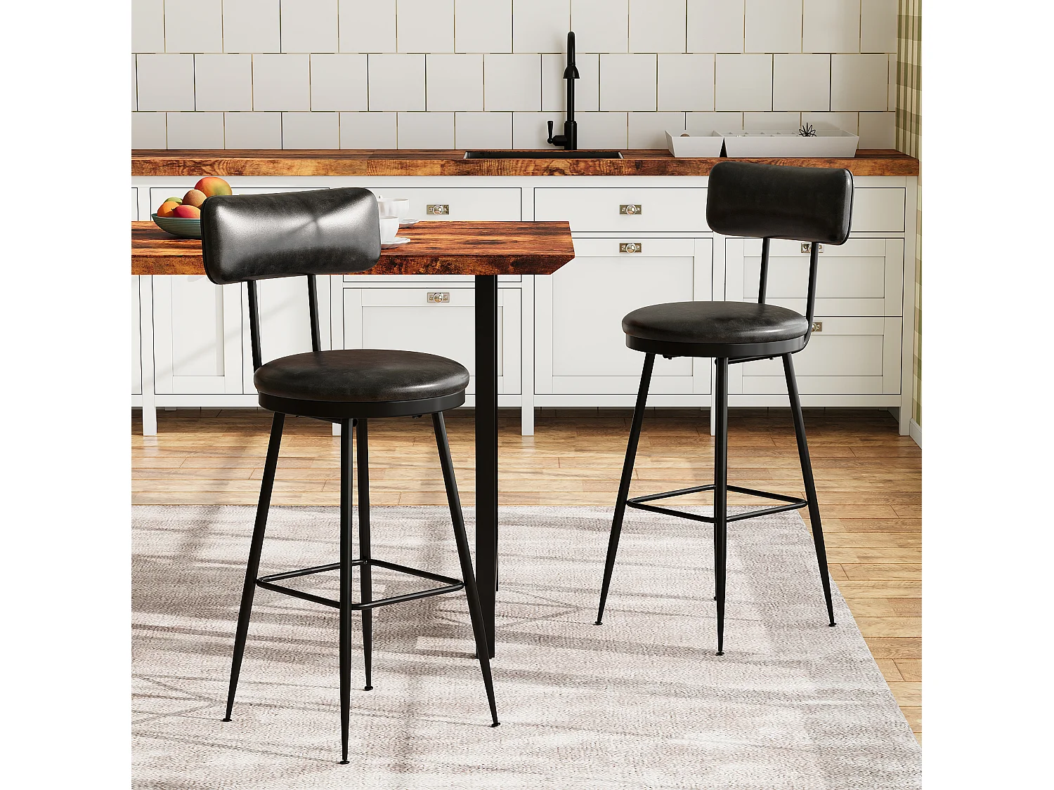 2 Chaises de Comptoir Noires avec Dossier, Simili Cuir, 65cm Hauteur d'Assise, pour Cuisine