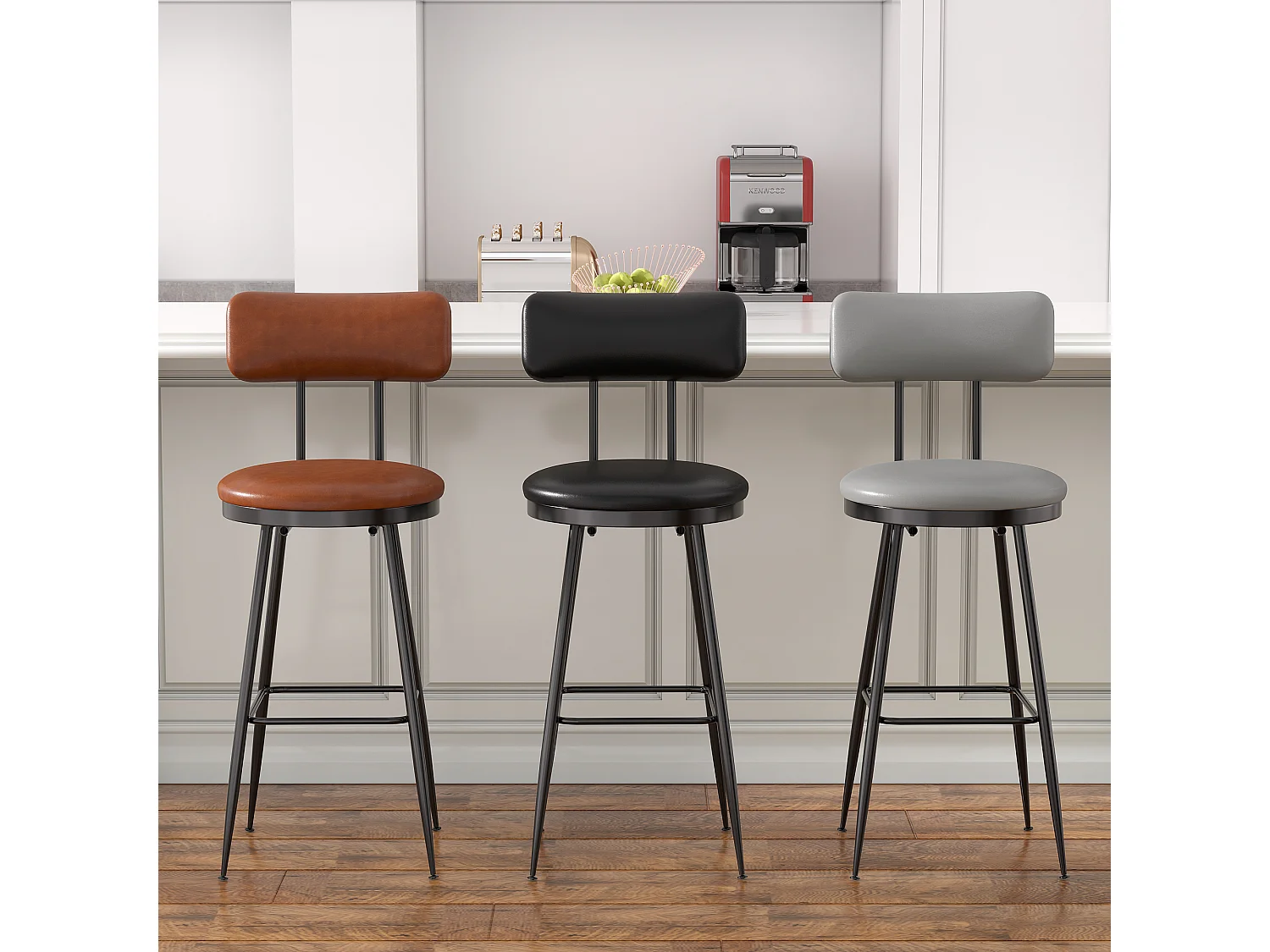 2 Chaises de Comptoir Noires avec Dossier, Simili Cuir, 65cm Hauteur d'Assise, pour Cuisine