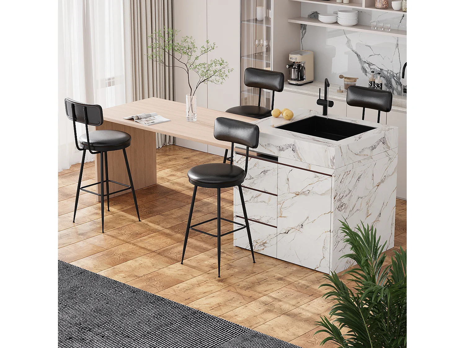 2 Chaises de Comptoir Noires avec Dossier, Simili Cuir, 65cm Hauteur d'Assise, pour Cuisine
